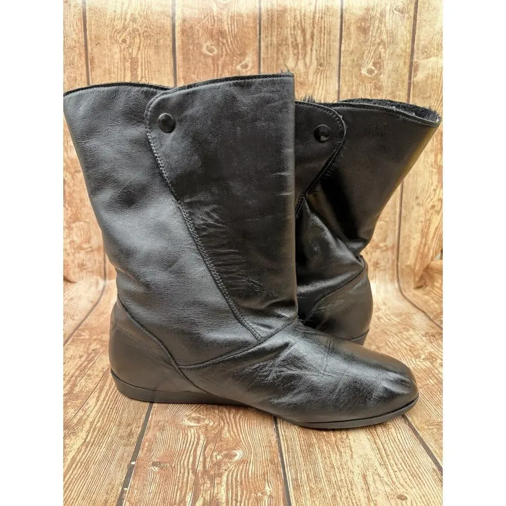 Mason vintage Black Leather Shearling Lined Zip Boots Round Toe SIZE 8.5